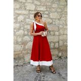 Alyn Wear Kadın Tek Omuzu Açık Omuzlardan Kurdela Detaylı Çift Renkli Ithal Krep Elbise - S - M - Kırmızı