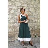 Alyn Wear Kadın Tek Omuzu Açık Omuzlardan Kurdela Detaylı Çift Renkli Ithal Krep Elbise - S - M - Yeşil