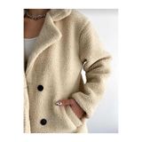 ALZİ FASHİON Kadın Bej Kruvaze Düğmeli Oversize Teddy Peluş Kaban