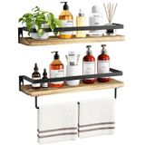 AMADA HOMEFURNISHING Asma Raflar Duvara Monte, Banyo, Mutfak, Yatak Odası, Havlu Tutuculu Depolama Rafı, Rustik Ahşap Set 2-AMFS01