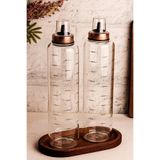 Amandus Bottle - 3 Parça Ahşap Standlı Damlatmaz 1 Lt Cam Yağdanlık Borosilikat Yağlık Sirkelik 1000ml Bakır Tek Ebat