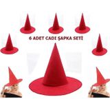 Amazex Store Kırmızı Renk Keçe Cadı Şapkası Yetişkin Çocuk Uyumlu 6 Adet