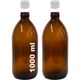 Amber Ecza Şişesi, 1000 Ml, Kahverengi Cam, Plastik Contalı Kilit Kapak, Hava ve Sıvı Sızdırmaz, 28MM Ağız Çaplı, Parfüm Demlemek Için Uygun, 2 Adet (1000 Ml, Beyaz Kapak)