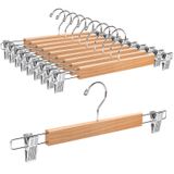 Amber Home 10 adet 36 cm ahşap elbise askısı, pantolon için, doğal | Ayarlanabilir kaymaz klipsler, şort, etek, çorap, külot için askı