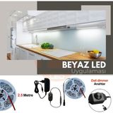 Amber LED 12V Yüksek Parlaklık Şerit LED Tak Çalıştır Hazır Set, 2.5 Metre Beyaz, Dali Dimmer Aç-Kapa Anahtar ve Adaptör Dahil, Gizli Aydınlatma, Mutfak, Tezgah, Dolap İçi ve Ayna İçin - 2,5 m