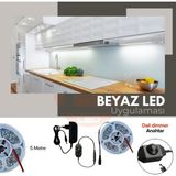 Amber LED 12V Yüksek Parlaklık Şerit LED Tak Çalıştır Hazır Set, 5 Metre Beyaz, Dali Dimmer Aç-Kapa Anahtar ve Adaptör Dahil, Gizli Aydınlatma, Mutfak, Tezgah, Dolap İçi ve Ayna İçin