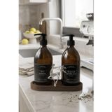 Amber Şişe Sabunluk Cam İkili Sıvı Sabun-Bulaşık Deterjanı Mutfak Düzenleyici Lüks Gümüş Geyik Ahşap Stand 500ml