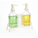 AmberHaus 2'li Standlı Kare Cam Sabunluk Seti | 2 x 500 ml | Ferforje Metal Standlı Siyah & Krem Renk Seçeneği | Sünger/Fırça Bölmeli Mutfak ve Banyo Düzenleyici (Krem)