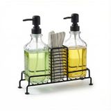 AmberHaus 2'li Standlı Kare Cam Sabunluk Seti | 2 x 500 ml | Ferforje Metal Standlı (Siyah) | Sünger/Fırça Bölmeli Mutfak ve Banyo Düzenleyici