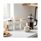 AmberHaus 3'lü Bambu Kapaklı Seramik Kavanoz Seti - Vakumlu Çay Şeker Kahve Saklama Kabı - Coffee Sugar Tea Yazılı Beyaz Baharatlık (700 ml)
