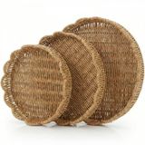 AmberHaus 3'lü Doğal Rattan Örgü Yuvarlak Tepsi Seti - Hasır Sunum ve Servis Tepsisi - Bohem Dekoratif Organizer (35-30-25 cm)