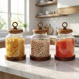 Amberhaus 3'Lü Ring Akasya Kapaklı Tabanlı Borosilikat Cam Kavanoz Seti - 1100 Ml Vakumlu Bakliyat Kurabiye Saklama Kabı (20X11.5 Cm)