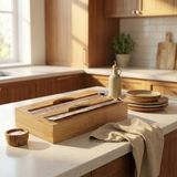 AmberHaus Bambu 2 Bölmeli Streç ve Alüminyum Folyo Kutusu | Duvara Monte Edilebilir Folyo Kesici | 17,5x9,5x10 cm | Mutfak Düzenleyici Organizer