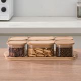 AmberHaus Bambu Kapaklı Cam Kahvaltılık Seti | Ahşap Standlı | Şık Tezgah Üstü Baharat ve Kuruyemiş Düzenleyici Kavanoz (4'lü ve 6'lı Seçenek) (Bambu, 6'lı Set - Model 2)