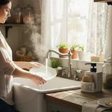 Amberhaus Beyaz Seramik Sıvı Sabunluk Süngerlik Seti | 500 Ml | Mutfak Banyo Tezgahı İçin 2'Si 1 Arada | Kaymaz Tabanlı, Şık Bulaşık Sabunu