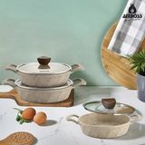 Amboss Astral 6 Parça Cam Kapaklı Alüminyum Döküm Sahan Seti – Cappuccino Kaplama, 18-22 cm, Fırın Kullanımına Uygun