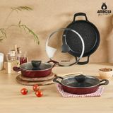 Amboss Vento 6 Parça Cam Kapaklı Granit Kaplama Döküm Sahan Seti 18 cm Kırmızı Yapışmaz Taban Özelliği