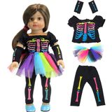 American Fashion World Elektrikli Neon İskelet Cadılar Bayramı Kostümü Amerikan Kız Bebekleriyle Uyumlu 45,72 cm Bebeklere Uyacak Şekilde Yapılmıştır