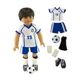 American Fashion World Modası Mavi ve Beyaz Futbol Üniforması 45,72 cm bebekler için yapılmış aksesuarlarla birlikte