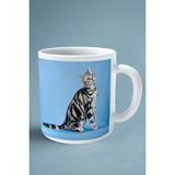 American Shorthair Kedi Isimli Kişiye Özel Baskılı Kupa Bardak Mavi Kumaş