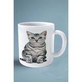 American Shorthair Kedi Isimli Kişiye Özel Baskılı Kupa Bardak Yeşil Göz