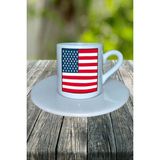 Amerika Ülke Bayrağı Bayrak Baskılı Türk Kahvesi Fincanı Tabaklı Kişiye Özel Model 1