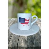Amerika Ülke Bayrağı Bayrak Baskılı Türk Kahvesi Fincanı Tabaklı Kişiye Özel Model 3