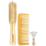 AMERWASH PLUS Bambu Dolaşık Açıcı Saç Fırçası ve Geniş Diş Tarak Seti - Saç Uzamasını Destekler, Kadınlar, Erkekler, Kalın, İnce, Kıvırcık, Kuru Saçlar için - Temizleyici Dahil