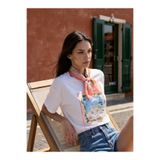 Amia&Co. Beyaz Bisiklet Yaka Çıkarılabilir Fular Detaylı Renkli Baskılı Oversize Kadın T-Shirt