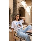 Amia&Co. Beyaz Oversize Bisiklet Yaka Fotoğraf Baskılı Vintage Basic Kısa Kollu Kadın T-Shirt