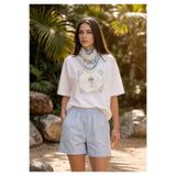 Amia&Co. Ekru Bisiklet Yaka Çıkarılabilir Fular Detaylı Vintage Vazo Baskılı Oversize Kadın T-Shirt
