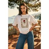 Amia&Co. Ekru Oversize Bisiklet Yaka Vintage Gül Baskılı Basic Kısa Kollu Kadın T-Shirt