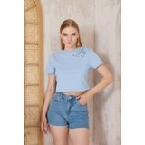 Amida Mavi Omuzu Papatya Nakışlı Basic Crop T-Shirt- 2413 - XL