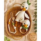 Amigurumi Organik Ördek Kaz Bebek Hediye Seti Çıngırak - Emzik Zinciri ve Uyku Arkadaşı