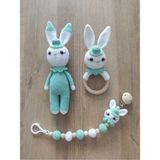 Amigurumi Yenidoğan Uyku Arkadaşı Tavşan, Çıngırak ve Emzik Zinciri Set. 1 Adet