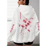 Amor Face Büyük Beden Özel Tasarım Kapüşonlu Şakura Sırt Baskılı Japon Stil Kadın Sweatshırt - Beyaz - 7XL