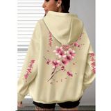 Amor Face Büyük Beden Özel Tasarım Kapüşonlu Şakura Sırt Baskılı Japon Stil Kadın Sweatshırt - Ekru - 4XL
