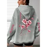 Amor Face Büyük Beden Özel Tasarım Kapüşonlu Şakura Sırt Baskılı Japon Stil Kadın Sweatshırt - Gri - 9XL