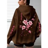 Amor Face Büyük Beden Özel Tasarım Kapüşonlu Şakura Sırt Baskılı Japon Stil Kadın Sweatshırt - Kahverengi - 3XL