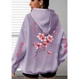 Amor Face Büyük Beden Özel Tasarım Kapüşonlu Şakura Sırt Baskılı Japon Stil Kadın Sweatshırt - Lila - 3XL