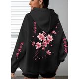 Amor Face Büyük Beden Özel Tasarım Kapüşonlu Şakura Sırt Baskılı Japon Stil Kadın Sweatshırt - Siyah - XL