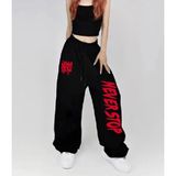 Amor Face Büyük Beden Özel Tasarım Sokak Modası Neverstop Baskılı Kışlık Hip Hop Ispanyol Paça Kadın Eşofman Altı - Siyah