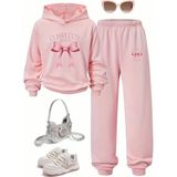 Amor Face Büyük Beden Özel Üretim Kapüşonlu Pembe Kurdele Baskılı Kışlık Modern Kadın Eşofman Takımı - 9XL