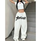 Amor Face Büyük Beden Sokak Modası Graffiti Baskılı Kışlık Ispanyol Paça Hip Hop Kadın Eşofman Altı - Beyaz