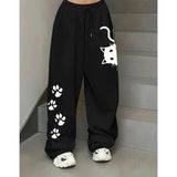 Amor Face Özel Tasarım Kedicik Patiler Baskılı Ispanyol Paça Hip Hop Kadın Eşofman Altı - Siyah - XL