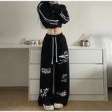 Amor Face Özel Tasarım Minik Hello Kittyler Baskılı Şardonlu Kışlık Düz Paça Baggy Kadın Eşofman Altı - XL - Siyah