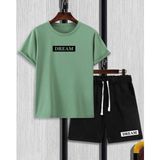 Amor Man Büyük Beden Özel Tasarım Dream Baskılı Pamuk Oversize Yeni Stil Battal Erkek T-Shırt Şort Takımı - Yeşil - Siyah - 2XL