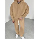 Amor Man Büyük Beden Özel Tasarım Kapüşonlu Düz Renk %100 Pamuk Kışlık 3 Iplik Düz Paça Erkek Eşofman Takımı - 5XL - Camel
