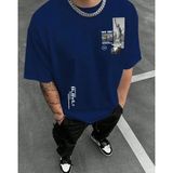 Amor Man Büyük Beden Özel Tasarım Özgürlük Heykeli New York Baskılı Pamuk Battal Erkek T-Shırt - Lacivert - 7XL