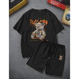 Amor Man Büyük Beden Özel Tasarım Play More Baskılı Pamuk Süper Rahat Battal Erkek T-Shırt Şort Takımı - Siyah - 10XL